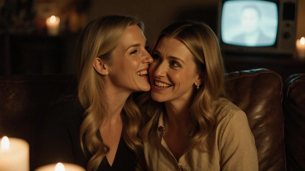 Reese Witherspoon whispers to Jennifer Garner with mischievous grin and candlelit glow behind them