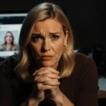 Reese Witherspoon sits at computer with concerned expression and blurred social media screen behind her