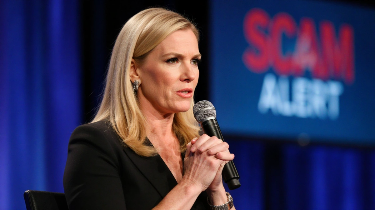 Reese Witherspoon speaking into microphone with serious expression and scam alert graphic behind her