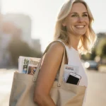 Woman carrying open tote bag with magazines and charger showing while smiling in natural light