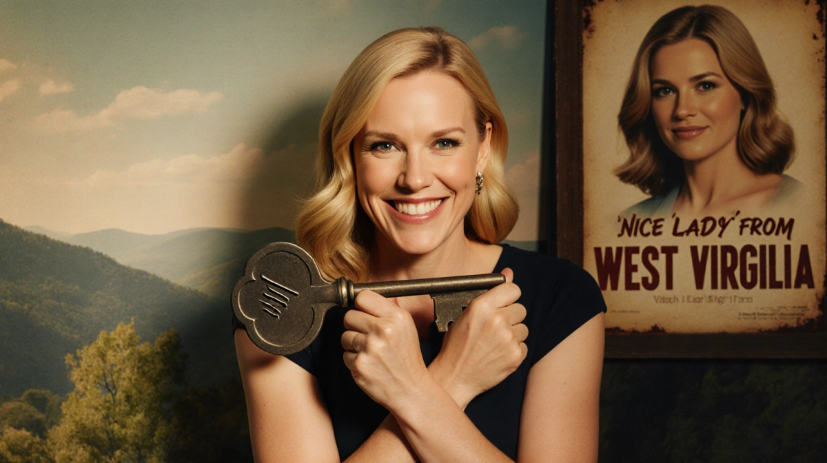 Reese Witherspoon sits with crossed arms holding large key with mischievous grin and Jennifer Garner poster behind her