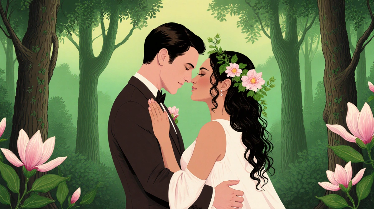 Reeve Carney and Eva Noblezada embracing with magnolias and cypress trees behind them showing their Hadestown wedding moment