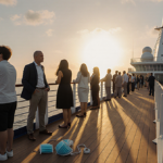 Passengers on cruise ship deck with pale faces and abandoned masks while sunset lights the sea and ship sails glow.
