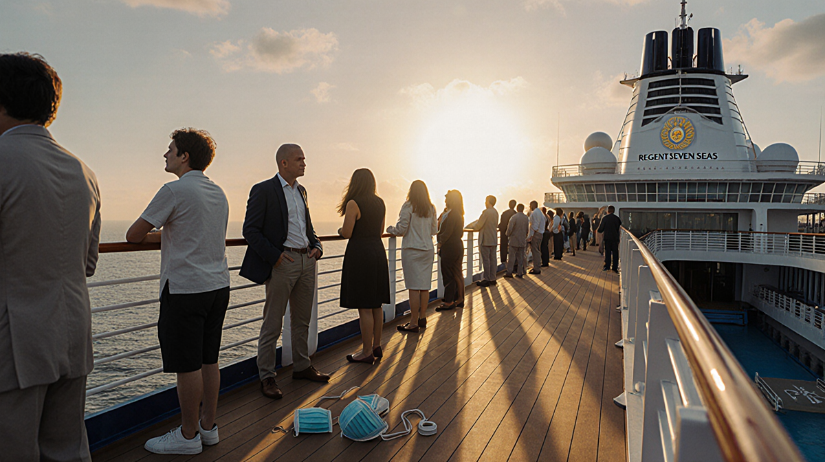 Passengers on cruise ship deck with pale faces and abandoned masks while sunset lights the sea and ship sails glow.