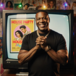 Reginald Hudlin stands with his hands clasped in front of a vintage TV screen showing House Party