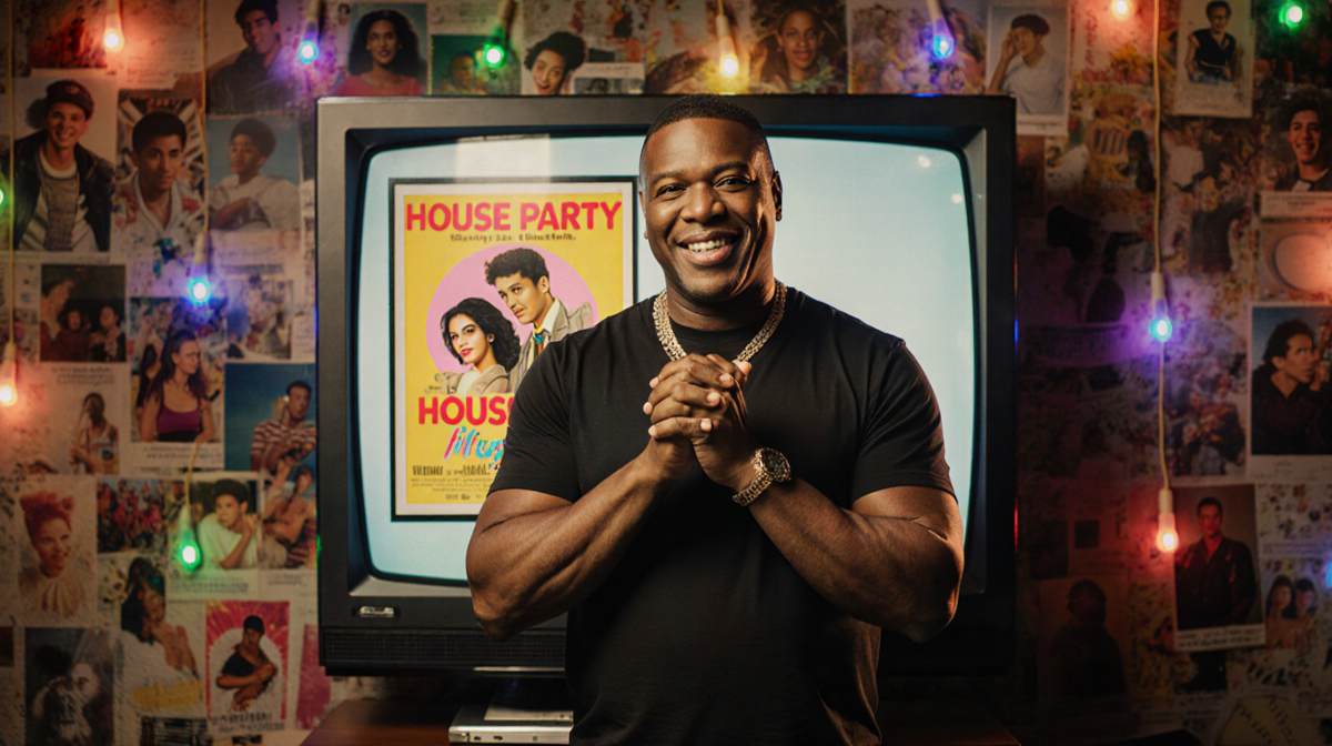 Reginald Hudlin stands with his hands clasped in front of a vintage TV screen showing House Party