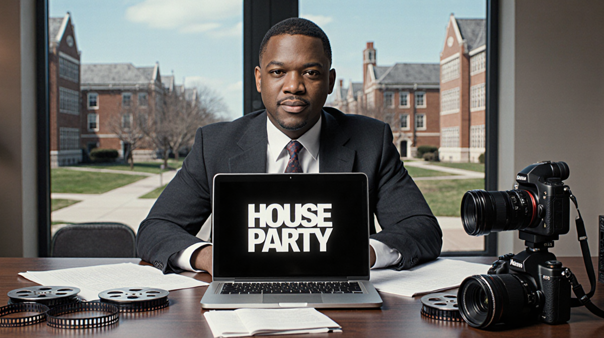 Reginald Hudlin a student filmmaker sits at his desk with laptop screen showing House Party title and film reels nearby