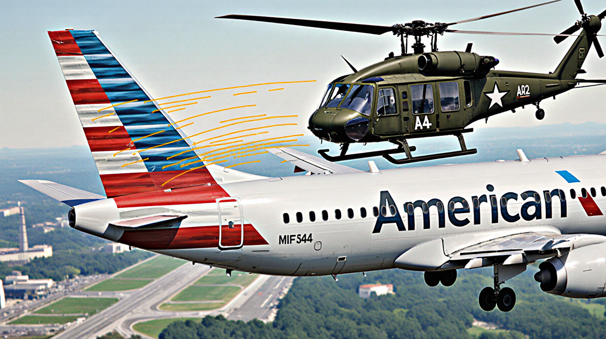 Regional jet and Army Black Hawk helicopter flying together with crossed flight paths indicating collision risk airport map