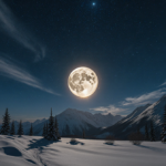 Regulus shines brightly with a full moon above and a snow‑covered landscape below