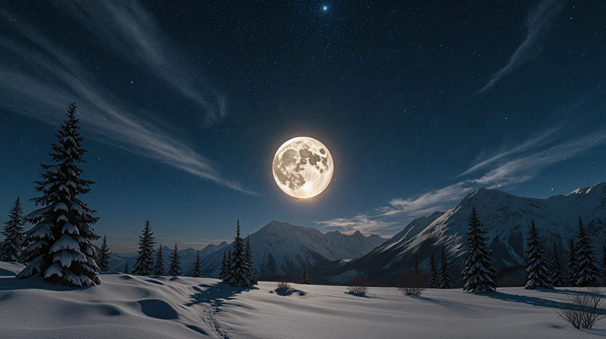Regulus shines brightly with a full moon above and a snow‑covered landscape below