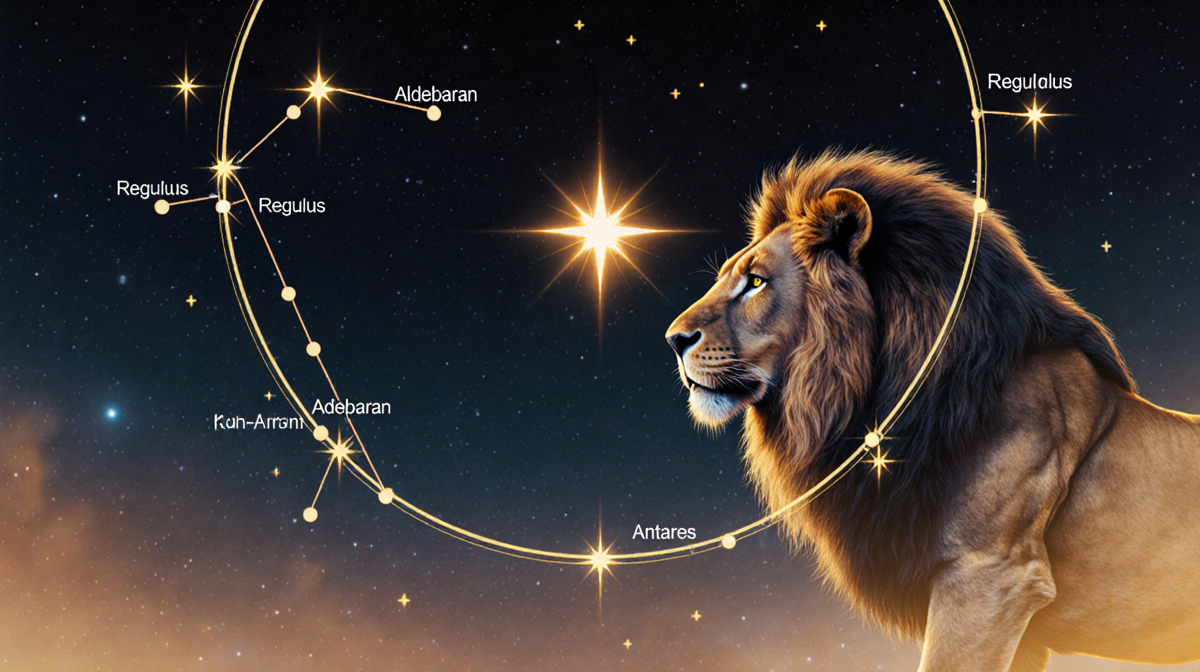 Regulus glows at the heart of a golden lion's mane constellation with Aldebaran near the crescent.