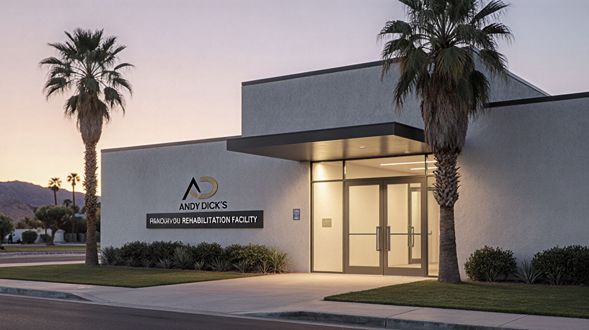 Entrance glows with warm sunset light and palm tree near with Andy Dick logo visible at entry in Palm Springs