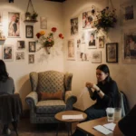 Patrons sharing handwritten notes with warm lighting and community atmosphere in Reinne