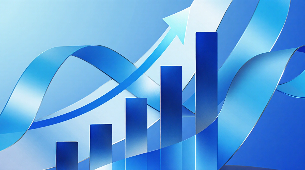 Blue geometric chart rising upward with metallic accents and gradient shapes showing growth