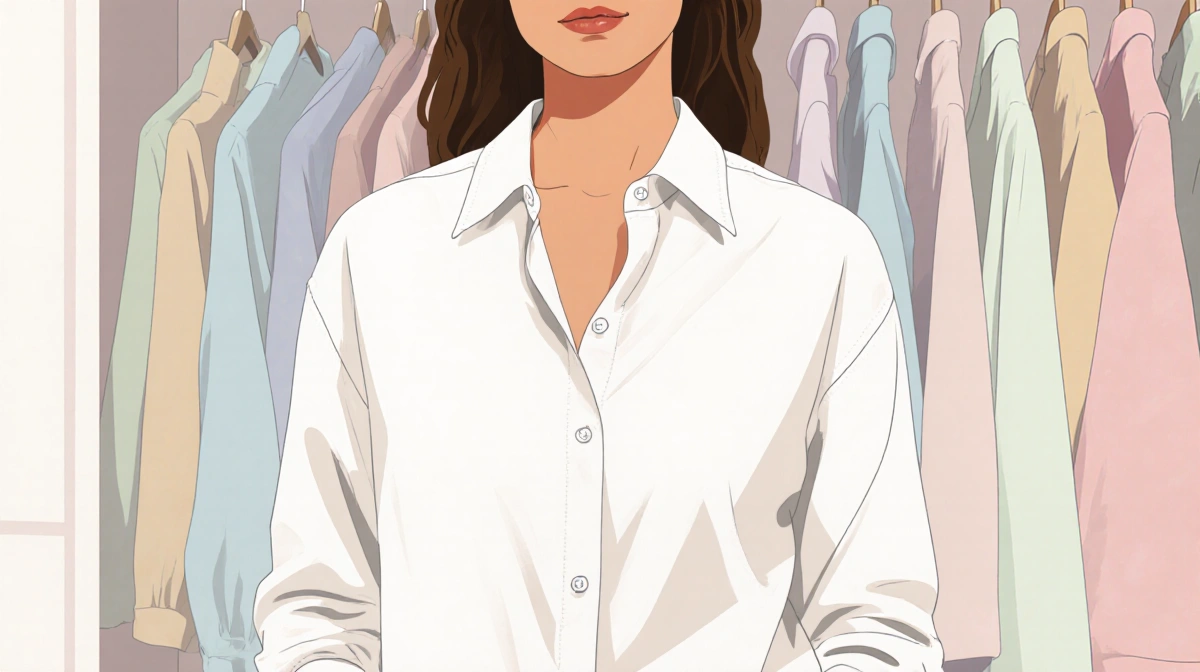 Woman wearing oversized button-up shirt with soft folds and pastel wardrobe in background