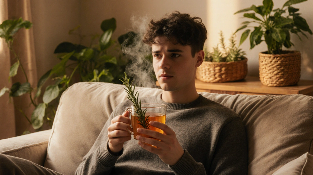 Relaxed young adult holding herbal tea with steaming cup and greenery showing peaceful wellness moment