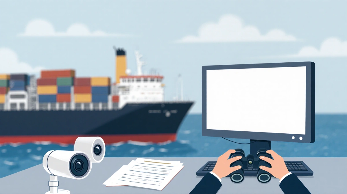 Remote worker monitoring ship at sea with laptop and binoculars showing CDC vessel sanitation oversight