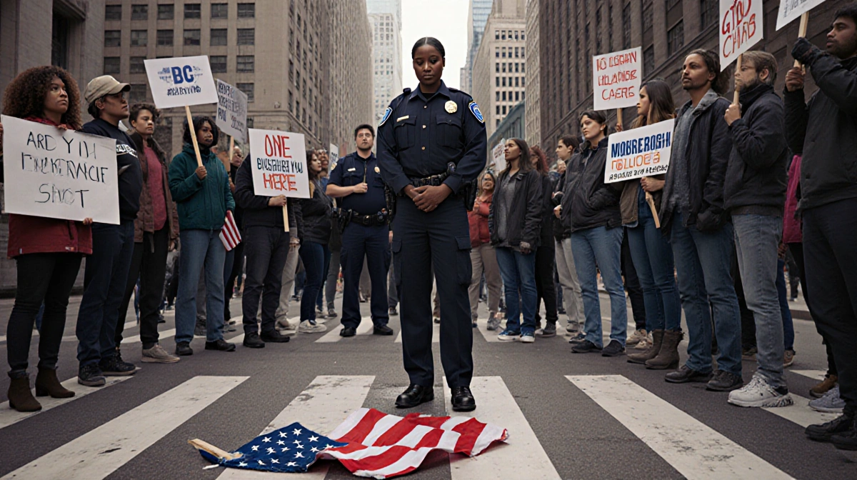 Renee Good stands in Minneapolis street with protesters holding anti-immigration signs and torn American flag at feet