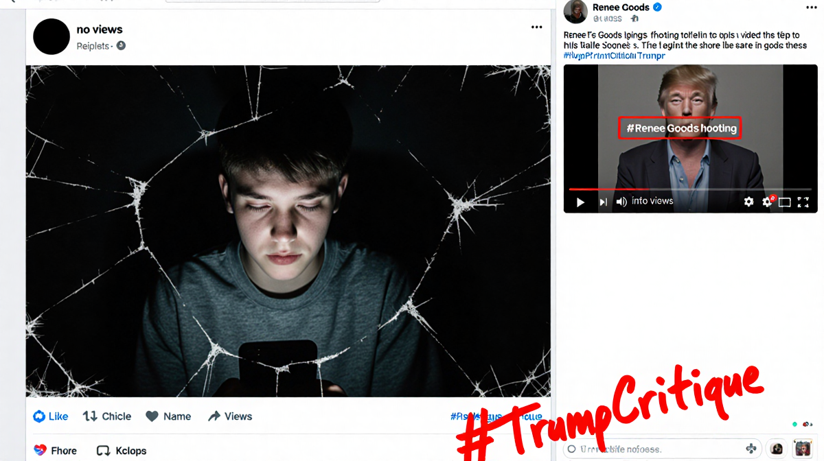 Young adult scrolling a phone with an empty feed and broken screen showing 