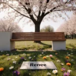 Wooden bench with Renee memorial plaque and cherry blossoms blooming overhead