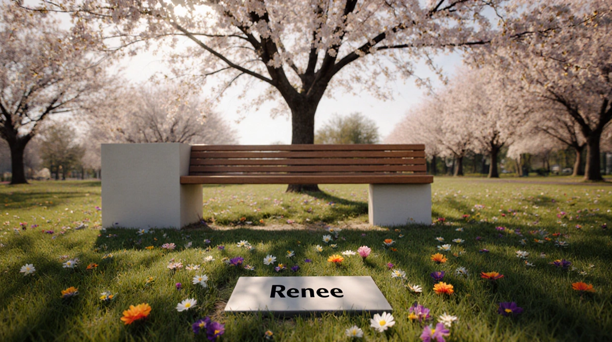 Wooden bench with Renee memorial plaque and cherry blossoms blooming overhead