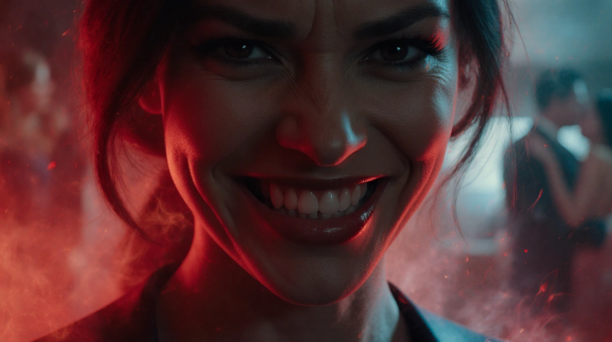 Renée Rapp smiles seductively with steamy red lighting and blurred romantic background