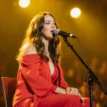 Renee Rapp singing on stage with red gown and microphone stand with blurred crowd behind