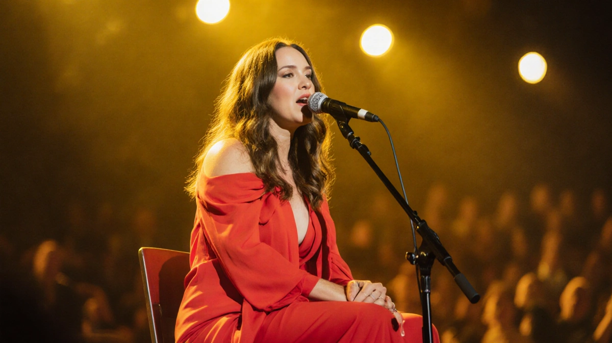 Renee Rapp singing on stage with red gown and microphone stand with blurred crowd behind