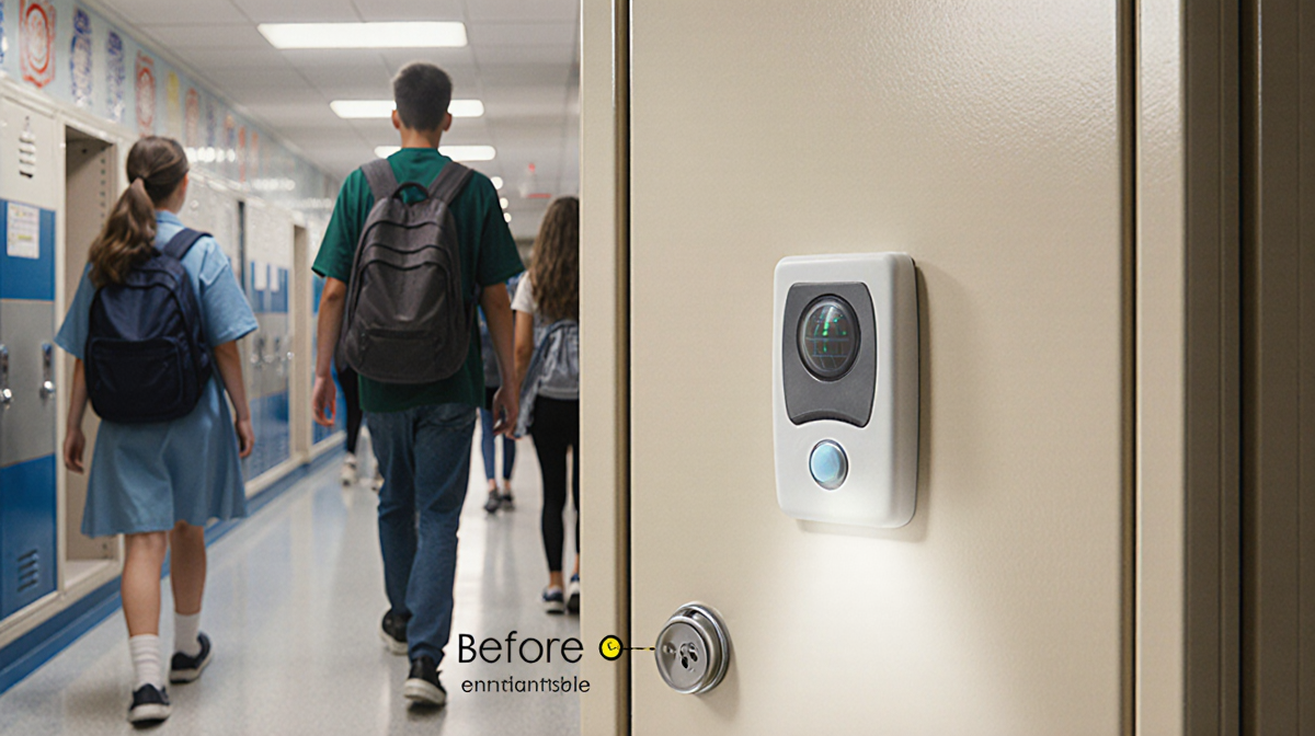 Sanitized locker highlighting sensors with a spotlight effect and a subtle before tagline against a blurred hallway.