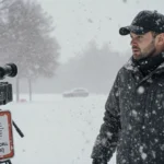 Reporter braving lake-effect snowstorm with sideways snowdrifts and wind chill signs while camera films from angle