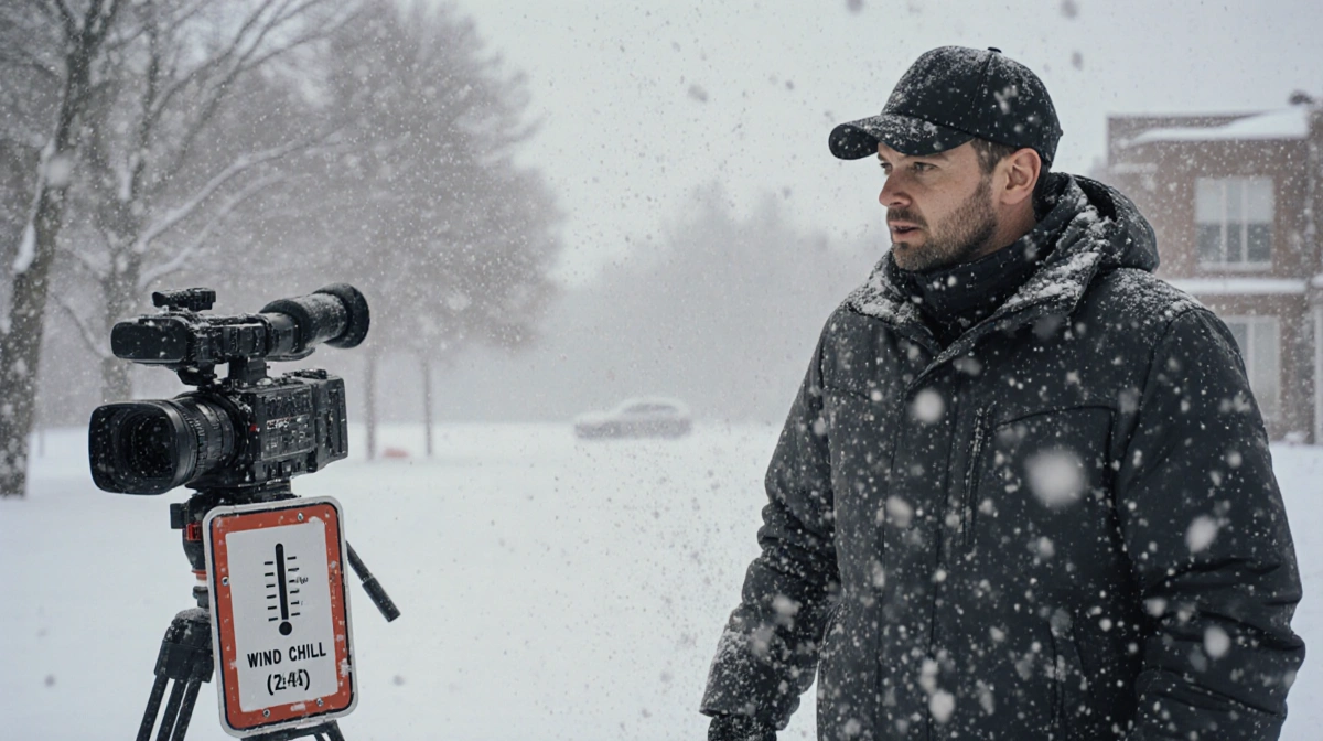 Reporter braving lake-effect snowstorm with sideways snowdrifts and wind chill signs while camera films from angle