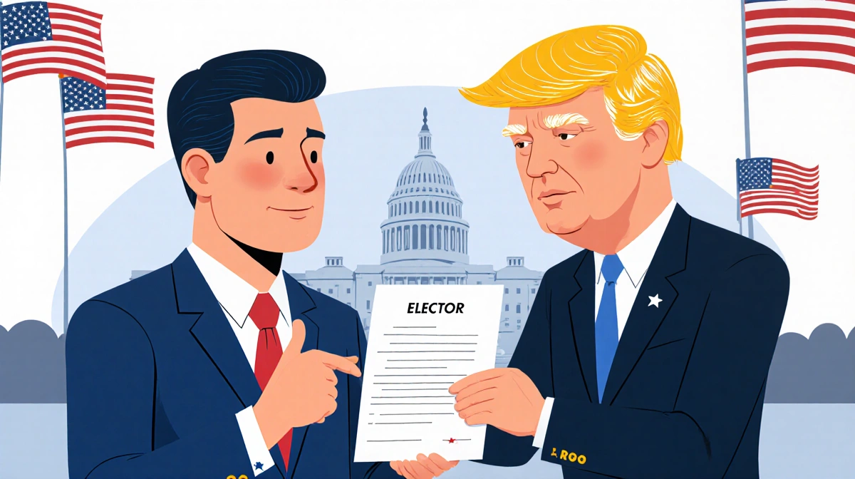 Republican elector and Trump ally nod approvingly while reviewing election evidence with flags Washington Monument backdrop