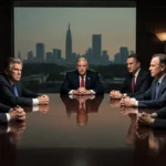 Republican lawmakers facing DOJ officials across conference table with dim lighting and Washington DC skyline
