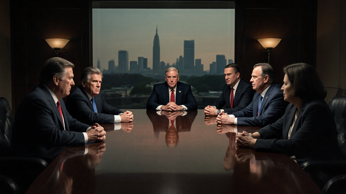 Republican lawmakers facing DOJ officials across conference table with dim lighting and Washington DC skyline