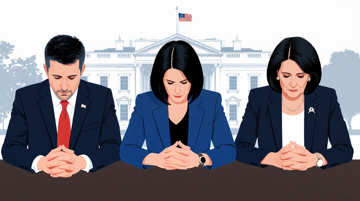 Three Republican senators bowing heads together with clasped hands at conference table with White House outline behind