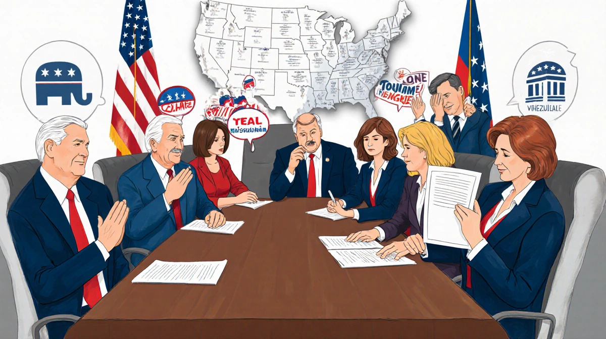 Republicans debating after Trump raid on Venezuela with praise signs and concerned faces near flag backdrop.