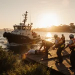 Rescue boat arriving at Hermitage Foreshore Walk with emergency responders loading stretcher and injured boy receiving care