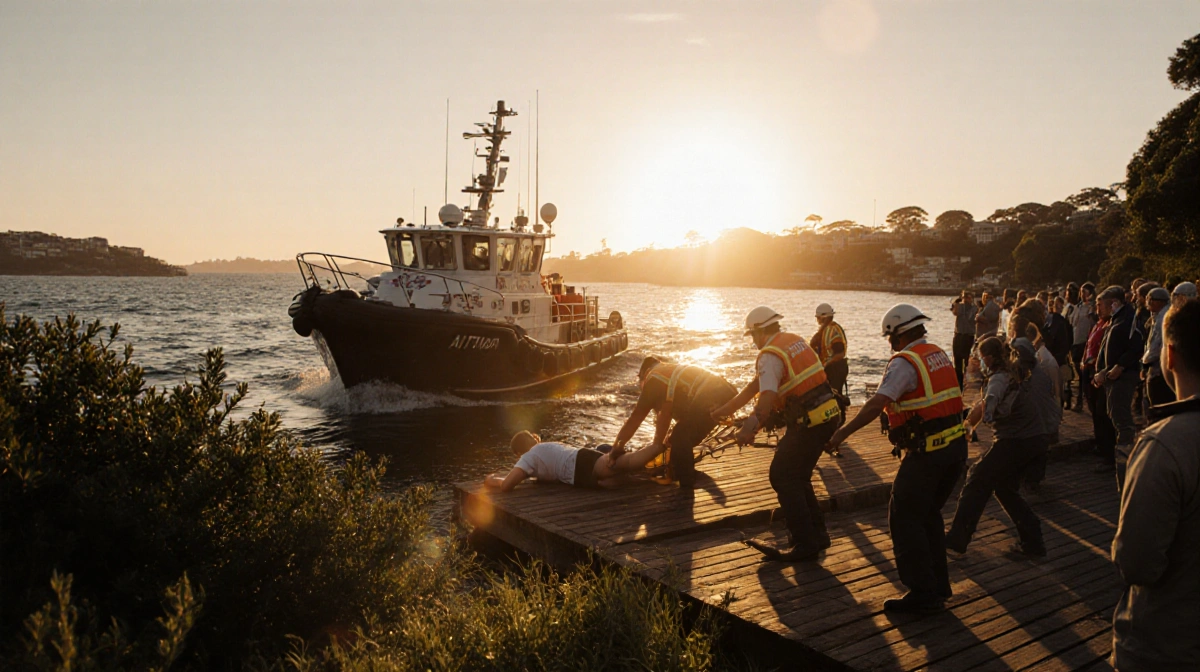Rescue boat arriving at Hermitage Foreshore Walk with emergency responders loading stretcher and injured boy receiving care