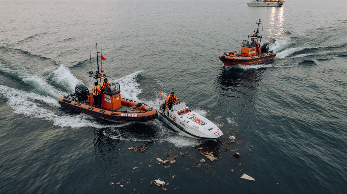 Two rescue boats rushing toward sinking speedboat with debris floating and workers in life jackets ready