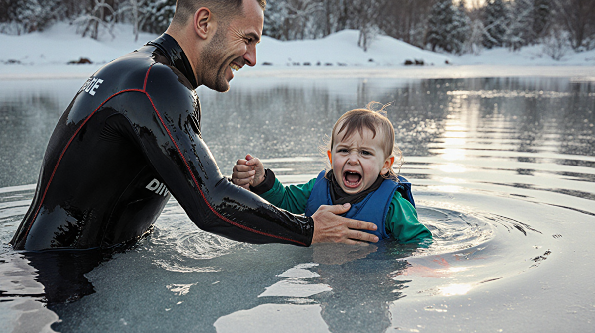 Rescue diver pulling toddler from freezing pond with urgent expression and icy reflection in background