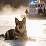 Young Australian shepherd clutched on ice during Detroit River rescue with police boat approaching