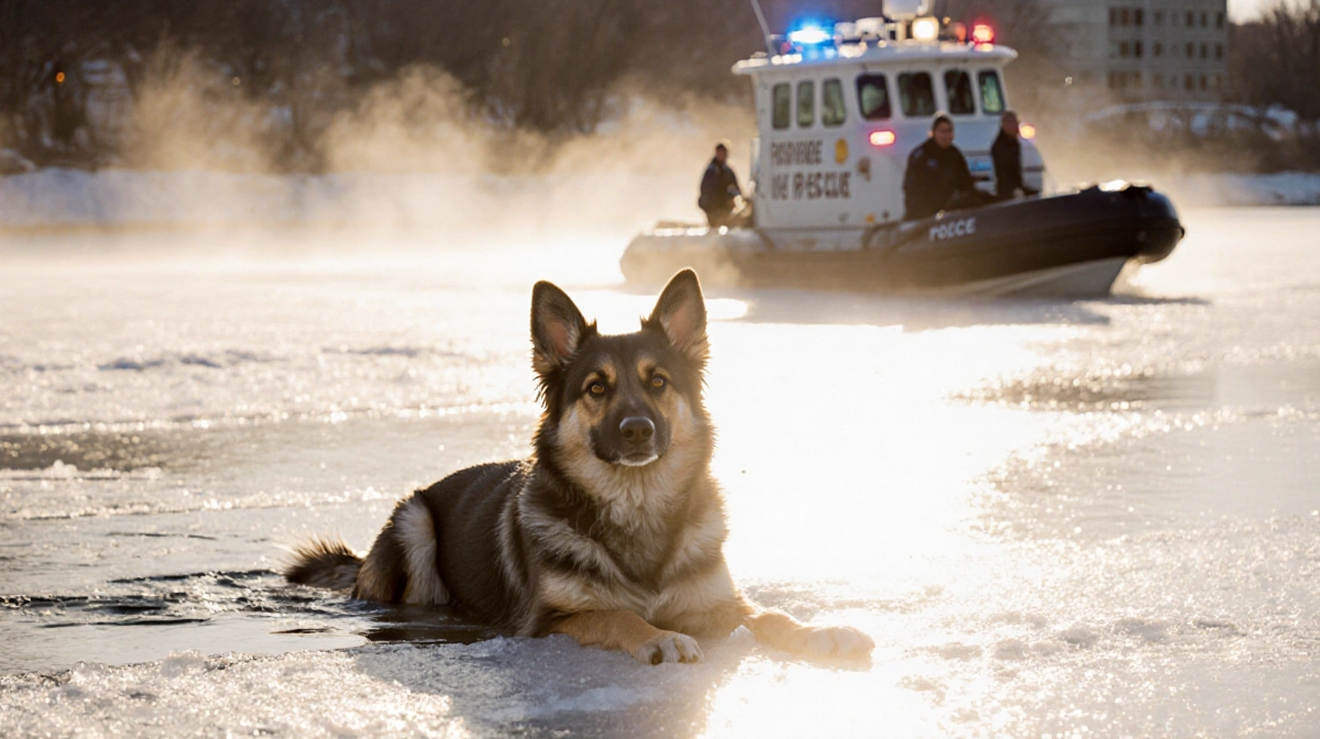 Young Australian shepherd clutched on ice during Detroit River rescue with police boat approaching