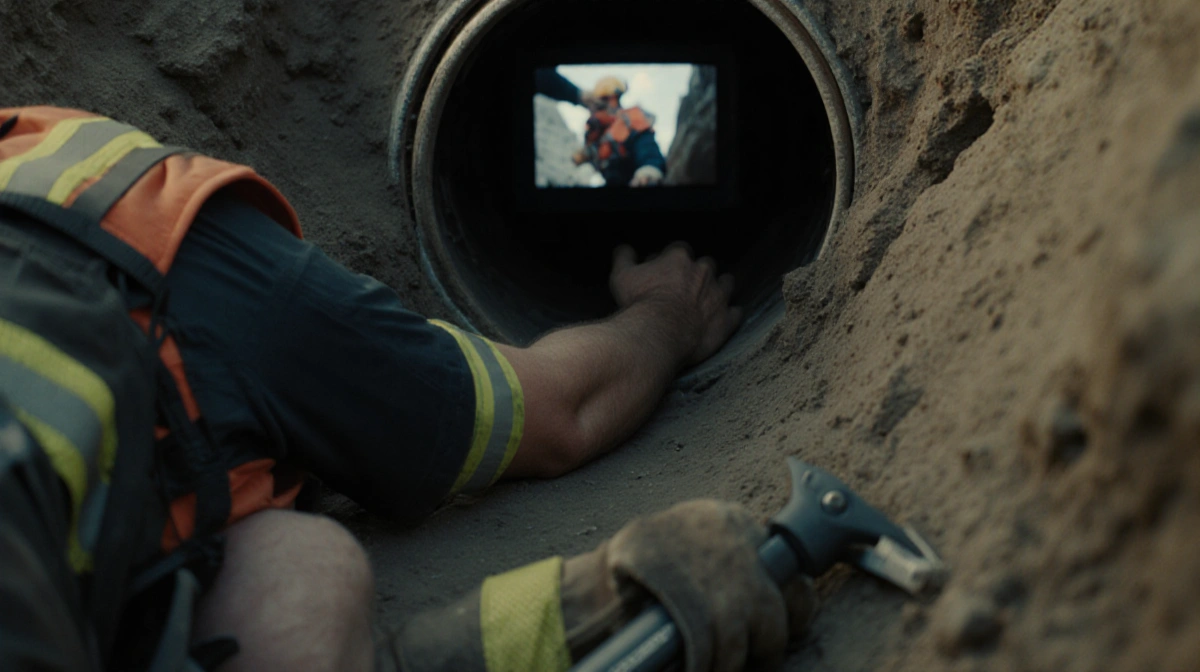 Rescuer reaches into narrow drainage pipe with handheld tool while footage shows dog rescue inside