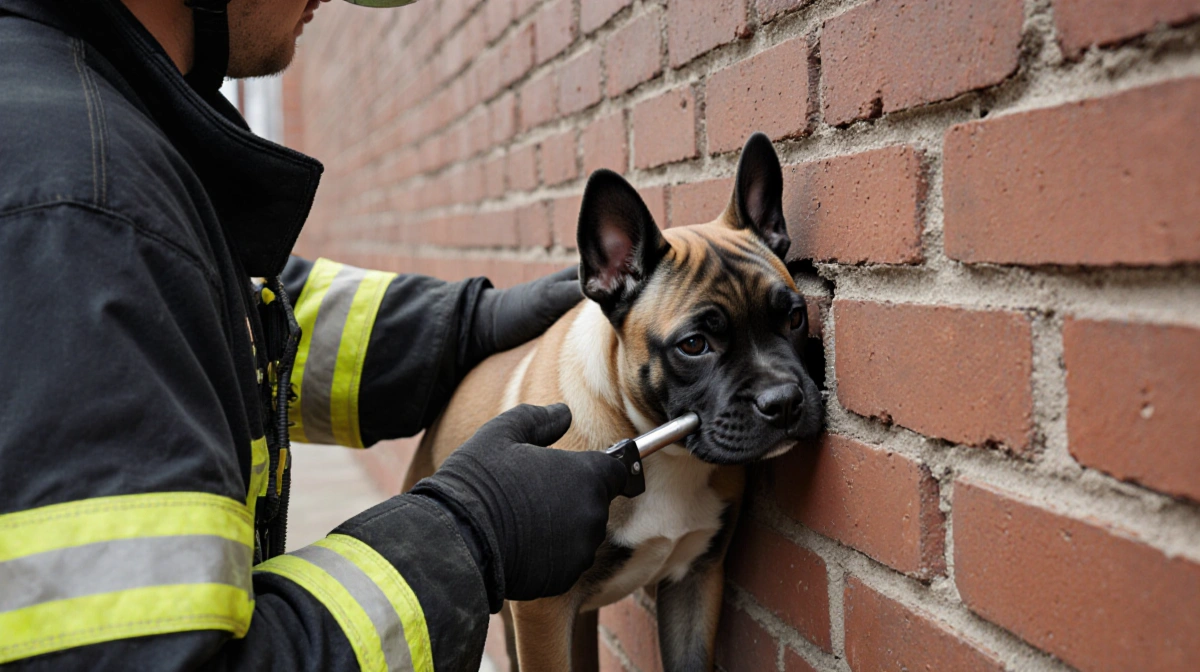 Firefighter holding Cane Corso puppy Sky during rescue with tool prying open brick wall gap