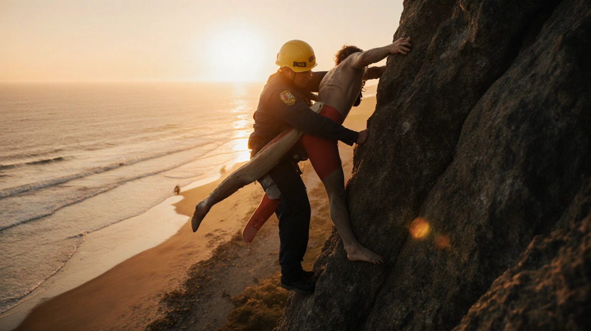 Rescue worker embraces stranded surfer on rocky cliff with golden sunset over ocean