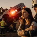 Rescue team surrounds an overturned SUV with flashing emergency lights and a worried partner beside them