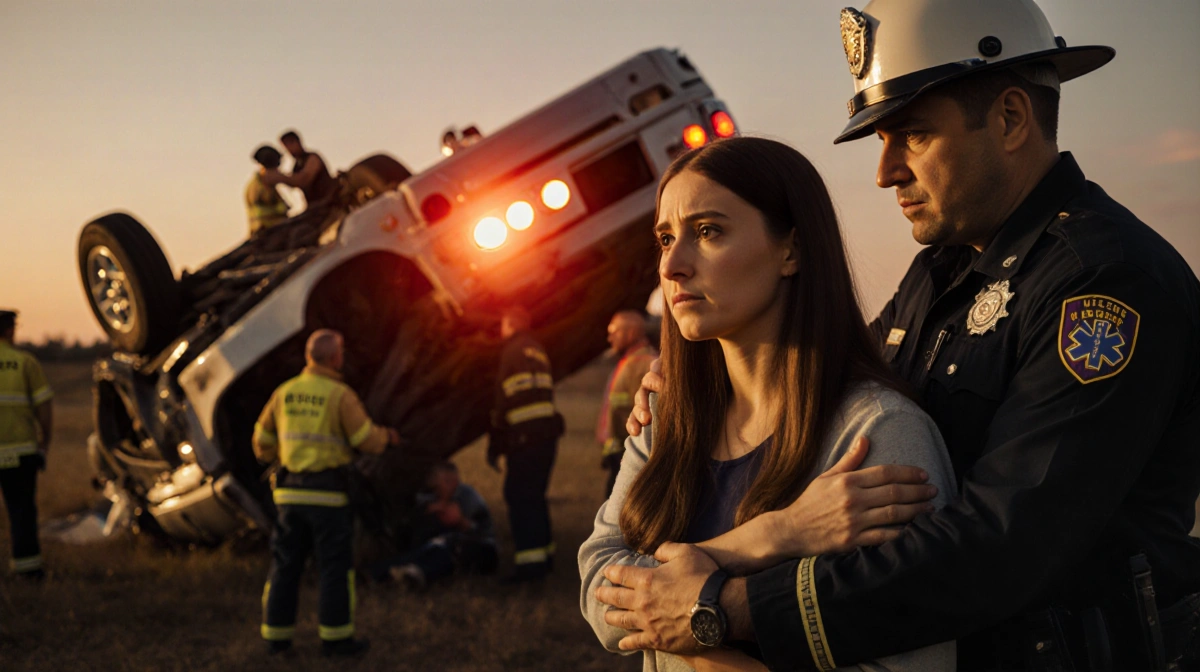 Rescue team surrounds an overturned SUV with flashing emergency lights and a worried partner beside them