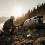 Rescue worker examining aircraft wreckage on mountain slope with sunlit debris and forest valley behind