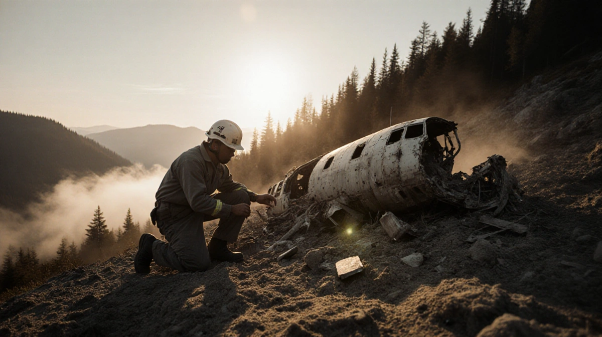 Rescue worker examining aircraft wreckage on mountain slope with sunlit debris and forest valley behind