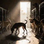 40 rescued dogs wagging weakly with warm light spilling through an empty cage door to a brighter outside.